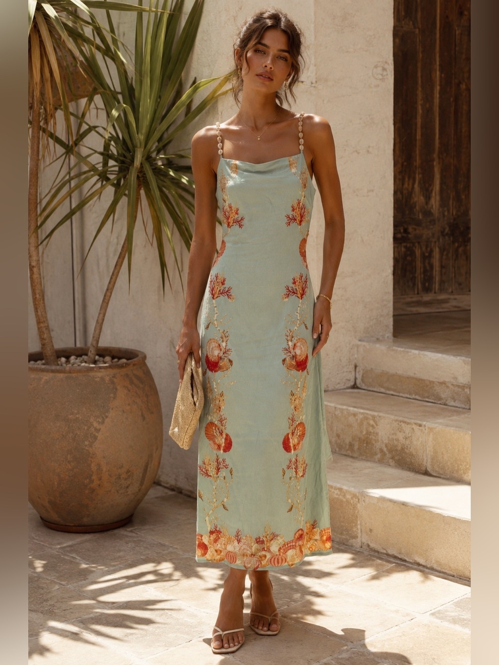 Caroline Constas Angie Seashell Coral Linen Maxi Dress S